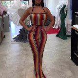SC Print Stripe Backless Halter Jumpsuit LSL-LS8004