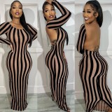 SC Stripe Print Long Sleeve Backless Maxi Dress GAXB-A253DS
