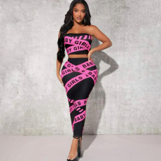 SC Letter Print Wrap Chest Long Skirt Two Piece Set GAXB-A360ST