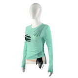 SC Solid Mesh Patchwork Long Sleeve See-Through Top GAXB-A292TP