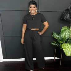 SC Solid Color O Neck Tops And Pants 2 Piece Set WAF-77674