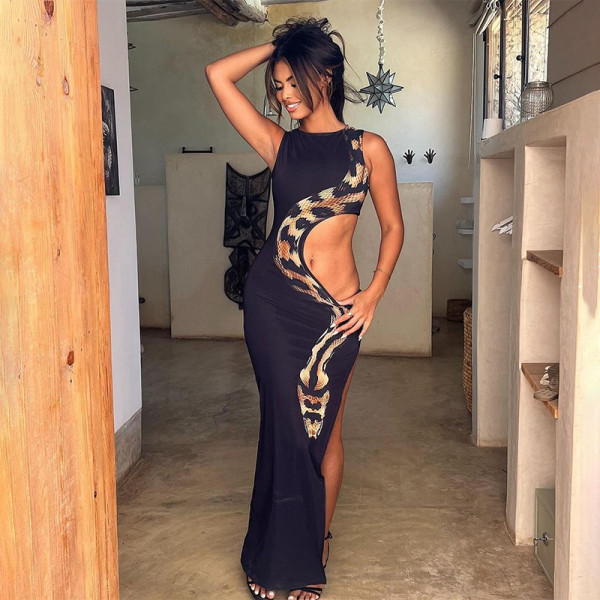 SC Sleeveless Snake Print Hollow Out Split Long Dress GAXB-A506DS