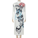 SC Long Sleeve Graffiti Letter Print Long Dress GAXB-W064DS