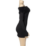 SC Solid Color One-Shoulder Patchwork Plush Dress GAXB-A329DS
