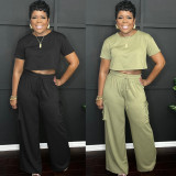 SC Solid Color O Neck Tops And Pants 2 Piece Set WAF-77674