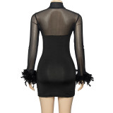 SC Mesh Patchwork Feather Mini Dress GAXB-A321DS