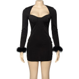 SC Long Sleeve Feather Patchwork Mini Dress GAXB-A301DS
