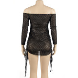 SC One Shoulder Long Sleeve Drawstring Mini Dress GAXB-A127DS