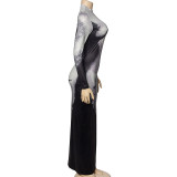 SC Printed Round Neck Long Sleeve Maxi Dress GAXB-A210DS