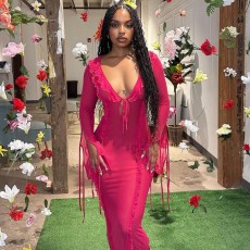 SC Tie Up Flare Sleeve V Neck Maxi Dress GAXB-A295DS