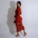 SC Long Sleeve Solid Hollow Out Long Dress GAXB-A298DS