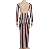 SC Stripe Print Long Sleeve Backless Maxi Dress GAXB-A253DS