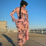 SC Mesh Flocked Long Sleeve Sexy Midi Dress GAXB-A251DS