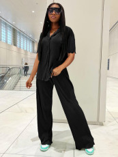 SC Loose Pleated Shirts Wide Leg Pants Two Piece Set MIL-126