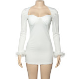 SC Long Sleeve Feather Patchwork Mini Dress GAXB-A301DS