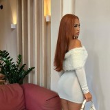 SC Solid Color One-Shoulder Patchwork Plush Dress GAXB-A329DS
