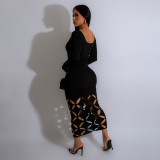 SC Long Sleeve Solid Hollow Out Long Dress GAXB-A298DS