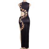 SC Sleeveless Snake Print Hollow Out Split Long Dress GAXB-A506DS