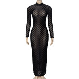 SC Solid Long Sleeve Mesh Long Hollow Out Dress GAXB-A283DS