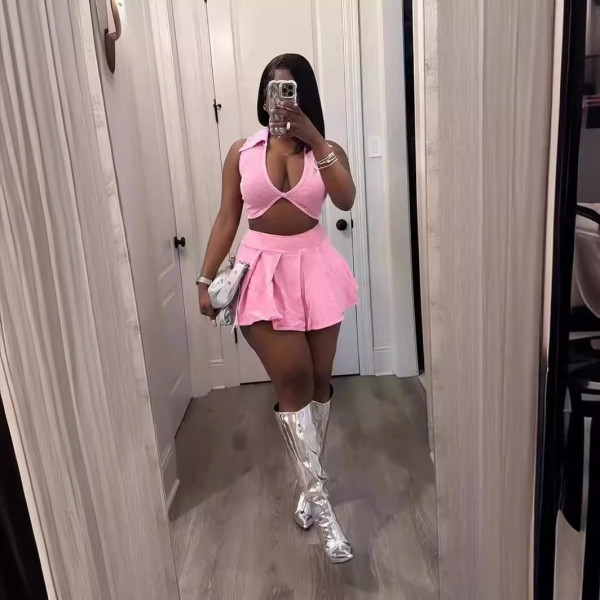 SC Fashion Casual Lapel Top Short Skirt Two Piece Set XMCS-CS20242257