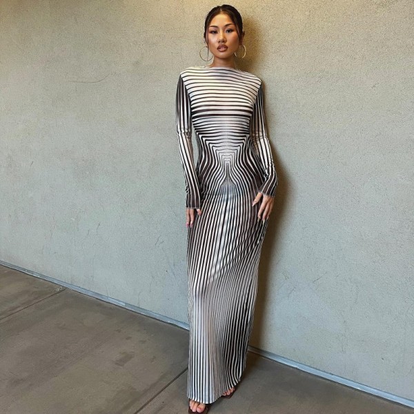 SC Stripe Print Long Sleeve Maxi Dress GAXB-A228DS