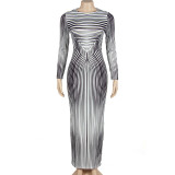 SC Stripe Print Long Sleeve Maxi Dress GAXB-A228DS