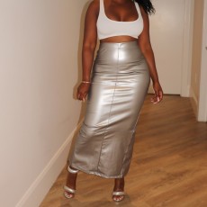 SC Solid PU Leather Split Long Skirt GAXB-A280SK