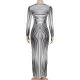 SC Stripe Print Long Sleeve Maxi Dress GAXB-A228DS