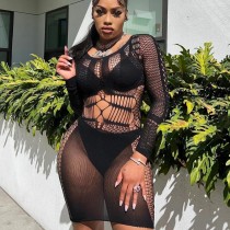 SC Solid Hollow Out Long Sleeve Sexy Erotic Dress GAXB-A083DS