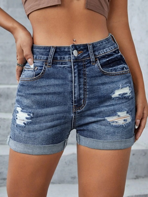 SC Casual Holes High-waisted Rolled Denim Short GKNF-TSXF-350