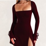 SC Solid Square Neck Long Sleeve Mini Dress GYSL-19922