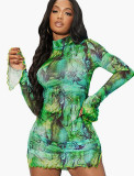 SC Mesh Print Flare Sleeve Split Mini Dress GYSL-18718