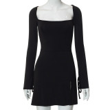 SC Solid Square Neck Long Sleeve Mini Dress GYSL-19922