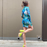 SC Mesh Print Flare Sleeve Split Mini Dress GYSL-18718