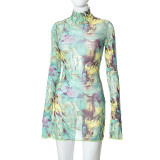 SC Mesh Print Flare Sleeve Split Mini Dress GYSL-18718