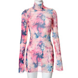 SC Mesh Print Flare Sleeve Split Mini Dress GYSL-18718