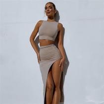 SC Solid Color Sleeveless Split Skirt Two Piece Set GYSL-3263