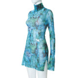 SC Mesh Print Flare Sleeve Split Mini Dress GYSL-18718
