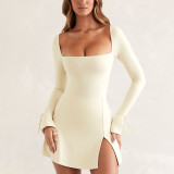 SC Solid Square Neck Long Sleeve Mini Dress GYSL-19922