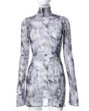 SC Mesh Print Flare Sleeve Split Mini Dress GYSL-18718