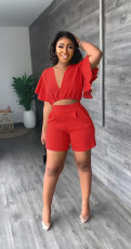 SC Ruffle Sleeve V-Neck Top Two Piece Shorts Set GYSL-Y6105