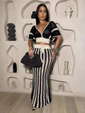 SC Sexy V-neck Hollow Out Striped Knit Long Skirt Set ZSD-Z0326