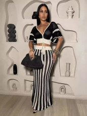 SC Sexy V-neck Hollow Out Striped Knit Long Skirt Set ZSD-Z0326