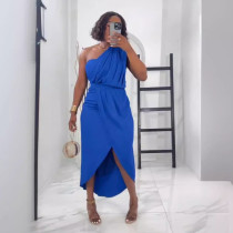 SC Solid Pleated Single Shoulder Split Long Dress NY-10828
