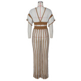 SC Sexy V-neck Hollow Out Striped Knit Long Skirt Set ZSD-Z0326
