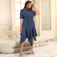 SC Plus Size Lapel Irregular Denim Midi Dress GDAM-218507