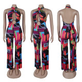 SC Printed Crossover Hanging Neck Backless Jumpsuit NY-10823