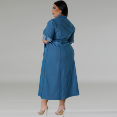 SC Plus Size Denim Lapel Belt Midi Dress GDAM-218602