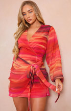 SC Long Sleeve Print Tie Up Midi Dress XHXF-417