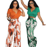 SC Solid V Neck Tops And Print Pants 2 Piece Set SFY-2780